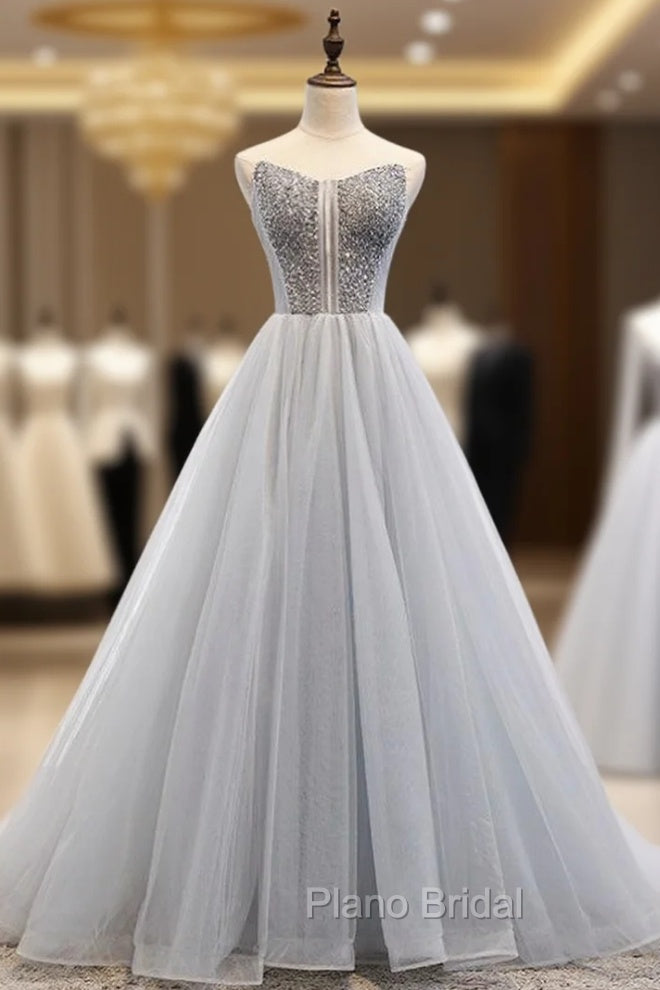 A-Line Gray Tulle Sweetheart Beading Formal Prom Dresses