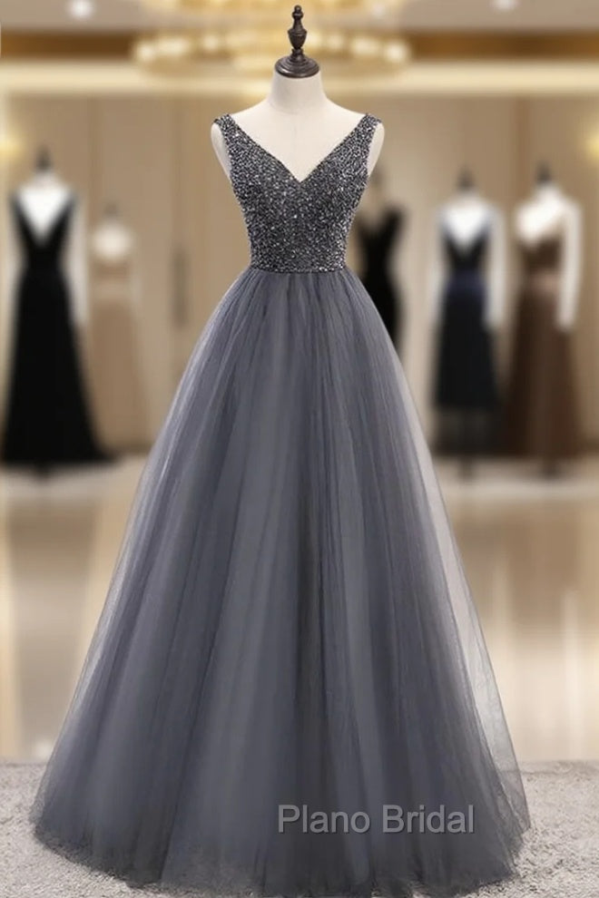 A-Line Gray Tulle V-neck Backless Beading Formal Prom Dresses Main image