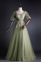 A Line Green Applique Formal Prom Dresses Sweet Tulle Birthday Party Dresses