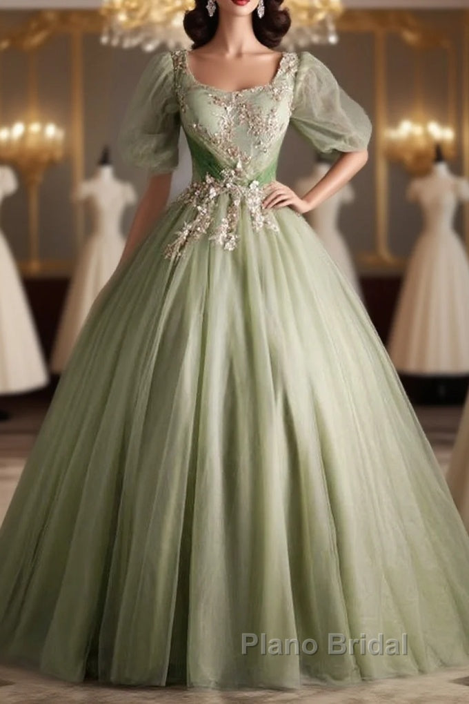 A Line Green Applique Formal Prom Dresses Sweet Tulle Birthday Party Dresses
