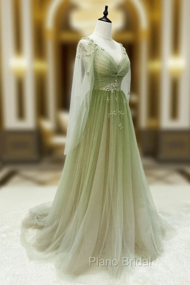 A-line Green Gradient Puffy Sleeves Tulle Long Party Dresses, Green Long Formal Prom Dresses Main image