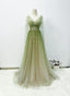 A-line Green Gradient Puffy Sleeves Tulle Long Party Dresses, Green Long Formal Prom Dresses