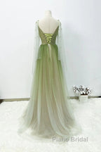 A-Line Green Gradient Tulle Long Sleeves Party Dresses, V-Neckline Green Formal Dresses Formal Prom Dresses