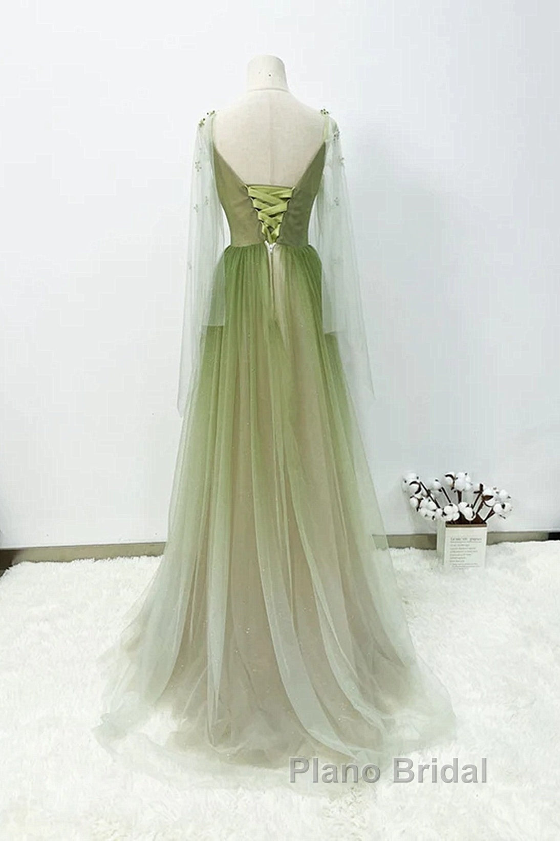 A-Line Green Gradient Tulle Long Sleeves Party Dresses, V-Neckline Green Formal Dresses Formal Prom Dresses