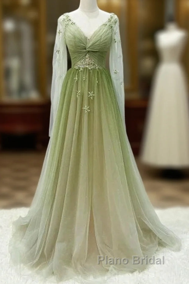 A-Line Green Gradient Tulle Long Sleeves Party Dresses, V-Neckline Green Formal Dresses Formal Prom Dresses Main image