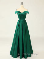 A-Line Green Off Shoulder Long Formal Prom Dresses, Green Formal Evening Dresses