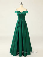 A-Line Green Off Shoulder Long Formal Prom Dresses, Green Formal Evening Dresses