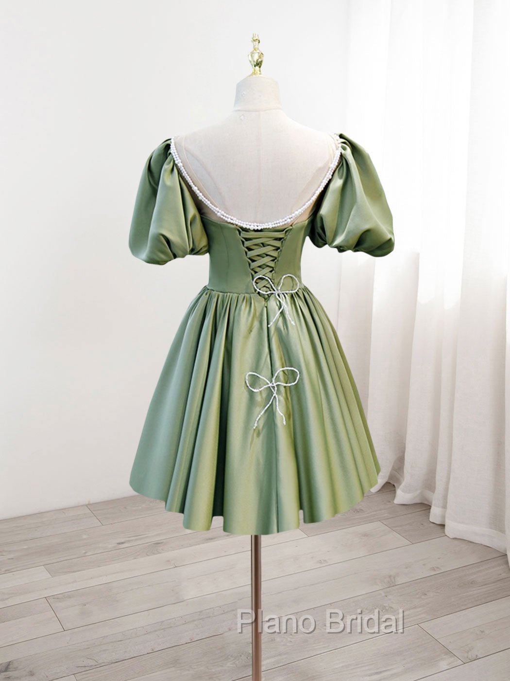 A-Line Green Puffy Sleeve Satin Short Formal Prom Dresses, Green Short Formal Dresses Secondary image