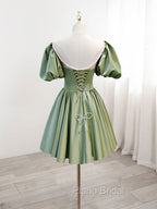 A-Line Green Puffy Sleeve Satin Short Formal Prom Dresses, Green Short Formal Dresses