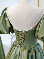 A-Line Green Puffy Sleeve Satin Short Formal Prom Dresses, Green Short Formal Dresses