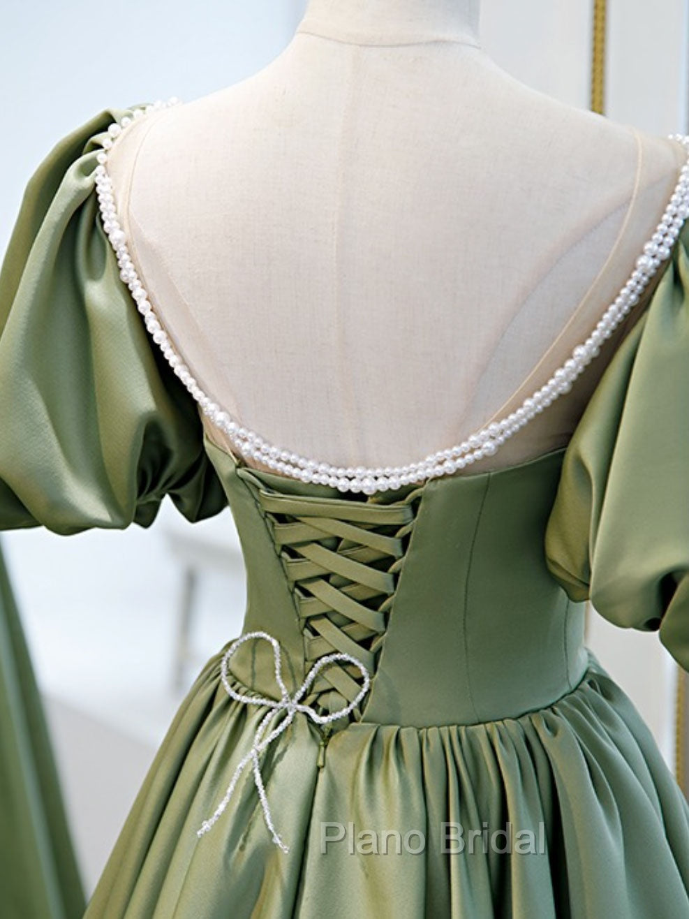 A-Line Green Puffy Sleeve Satin Short Formal Prom Dresses, Green Short Formal Dresses