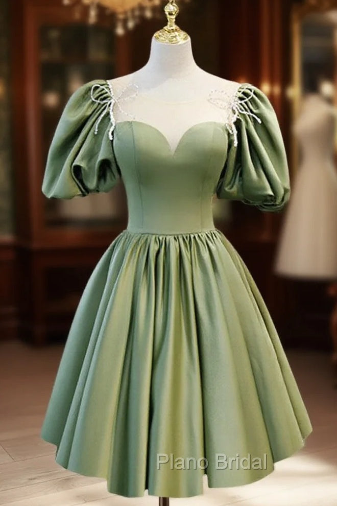 A-Line Green Puffy Sleeve Satin Short Formal Prom Dresses, Green Short Formal Dresses