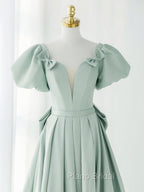 A-Line Green Puffy Sleeve Short Formal Prom Dresses, Green Formal Dresses