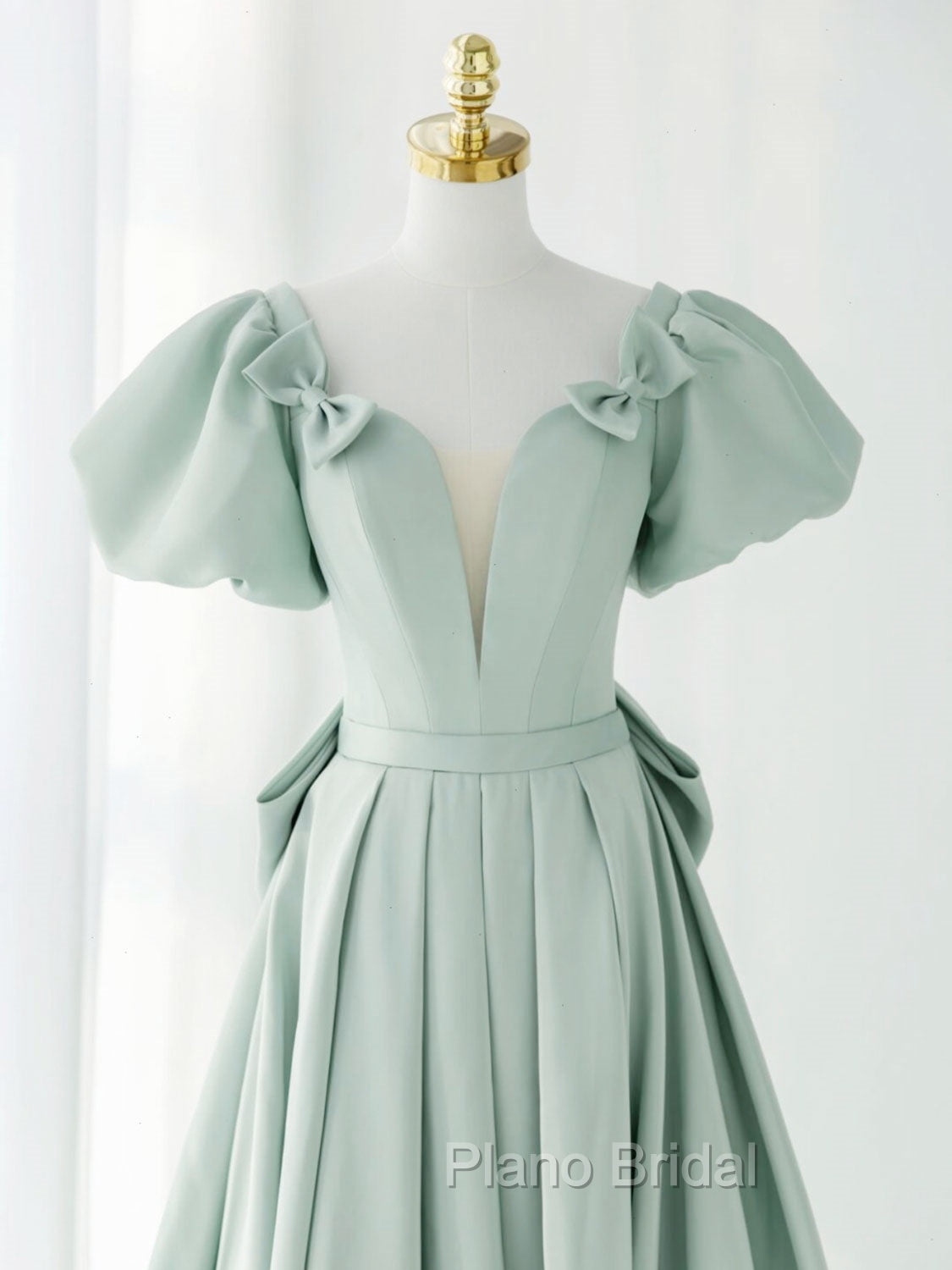 A-Line Green Puffy Sleeve Short Formal Prom Dresses, Green Formal Dresses