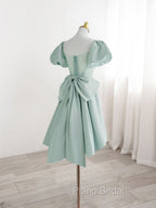 A-Line Green Puffy Sleeve Short Formal Prom Dresses, Green Formal Dresses