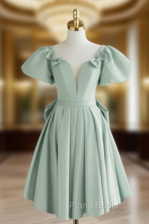A-Line Green Puffy Sleeve Short Formal Prom Dresses, Green Formal Dresses