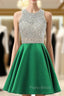A-Line Green Satin Backless Beading Sequins Homecoming Dresses