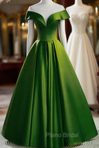 A-Line Green Satin Floor Length Party Dresses, Green Long Formal Dresses