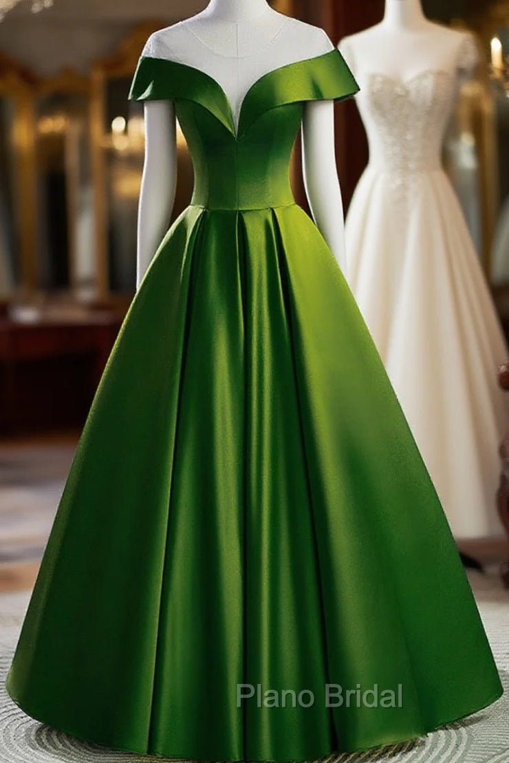 A-Line Green Satin Floor Length Party Dresses, Green Long Formal Dresses Main image