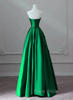A-line Green Satin Lace-up Floor Length Party Dresses, Green Satin Formal Prom Dresses