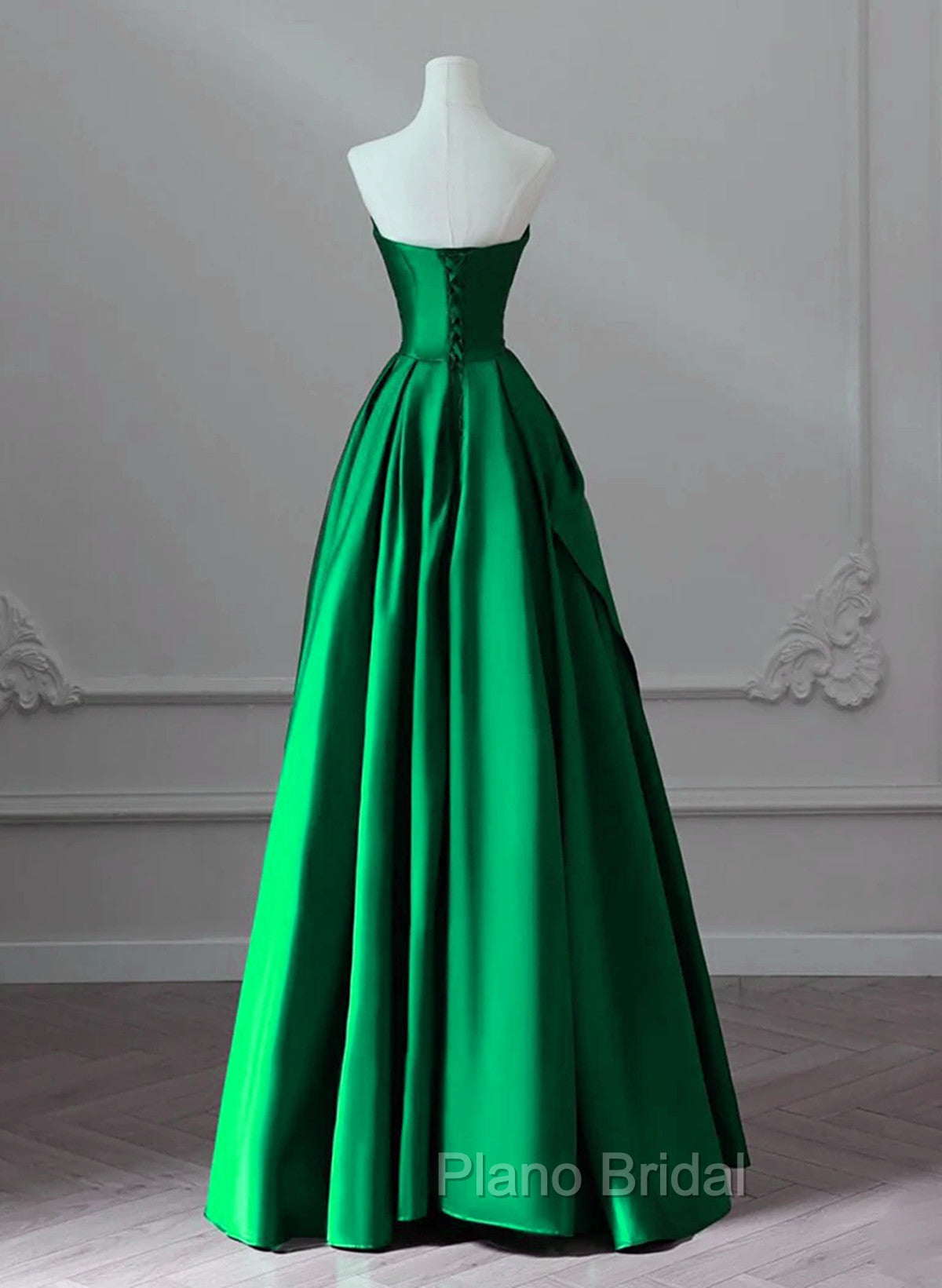 A-line Green Satin Lace-up Floor Length Party Dresses, Green Satin Formal Prom Dresses