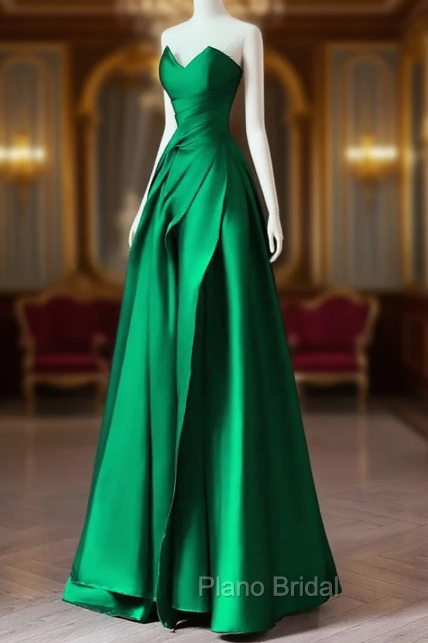 A-line Green Satin Lace-up Floor Length Party Dresses, Green Satin Formal Prom Dresses Main image