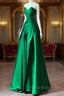 A-line Green Satin Lace-up Floor Length Party Dresses, Green Satin Formal Prom Dresses