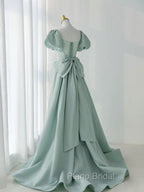 A-Line Green Satin Long Formal Prom Dresses, Green Long Evening Dresses