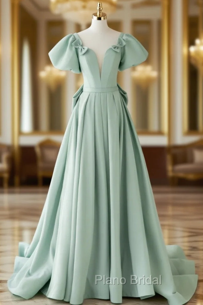A-Line Green Satin Long Formal Prom Dresses, Green Long Evening Dresses Main image