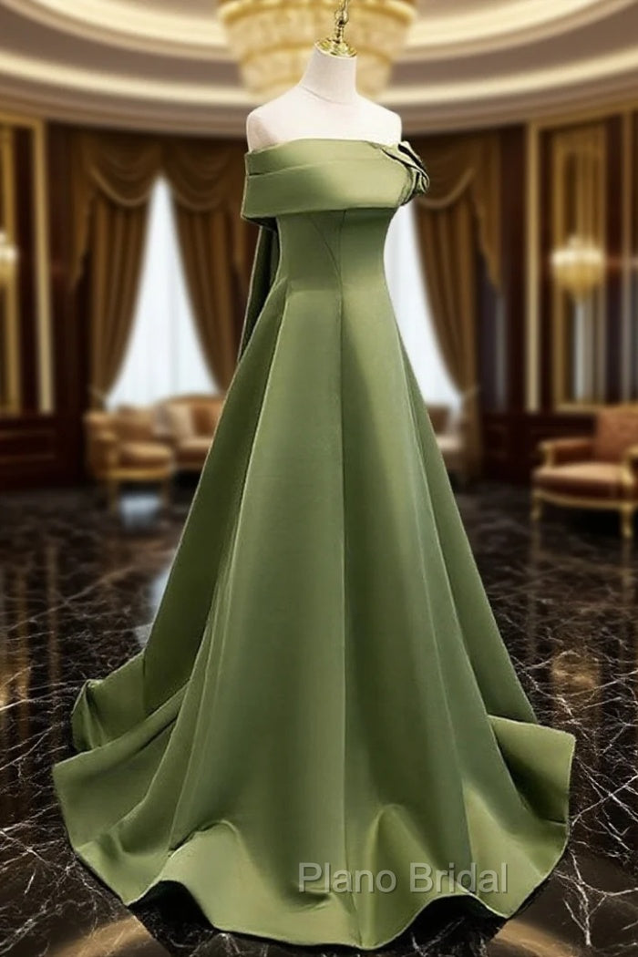A-line Green Satin Off Shoulder Long Evening Dresses, Green Floor Length Formal Prom Dresses
