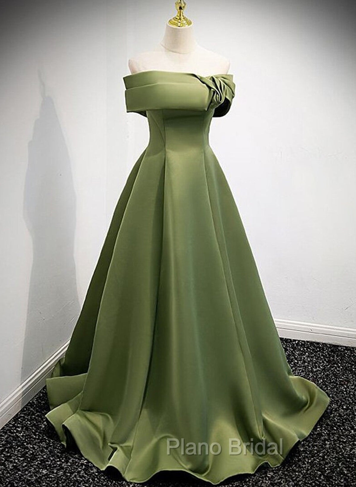 A-line Green Satin Off Shoulder Long Evening Dresses, Green Floor Length Formal Prom Dresses