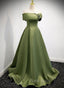 A-line Green Satin Off Shoulder Long Evening Dresses, Green Floor Length Formal Prom Dresses