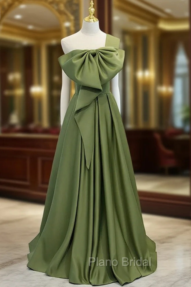 A-Line Green Satin One Shoulder Formal Prom Dresses With Bow Main image