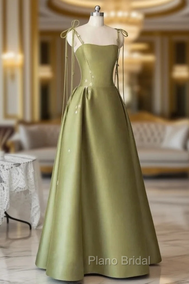 A-line Green Satin Spaghetti Straps Formal Prom Dresses