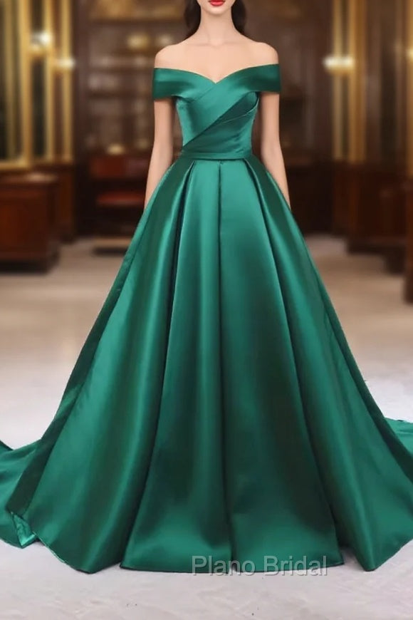 A-line Green Satin Sweetheart Formal Dresses, Green Long Evening Dresses Formal Prom Dresses