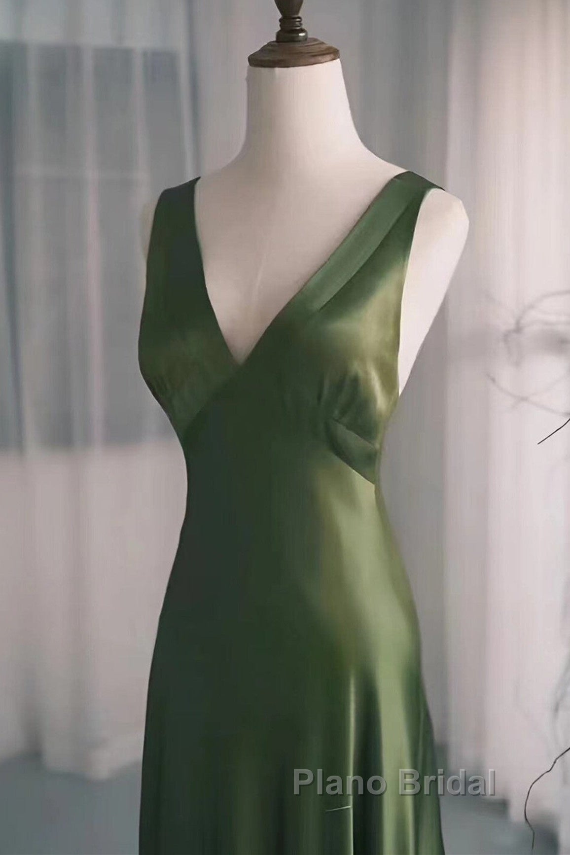 A-Line Green Satin V-Neckline Low Back Formal Prom Dresses, Green Evening Dresses Secondary image