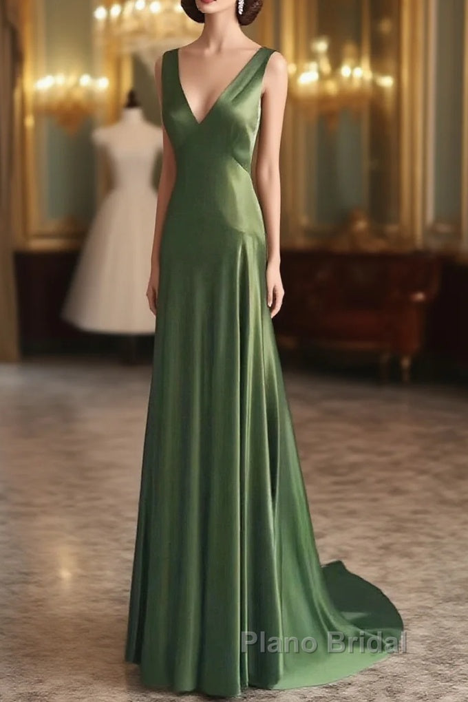 A-Line Green Satin V-Neckline Low Back Formal Prom Dresses, Green Evening Dresses Main image