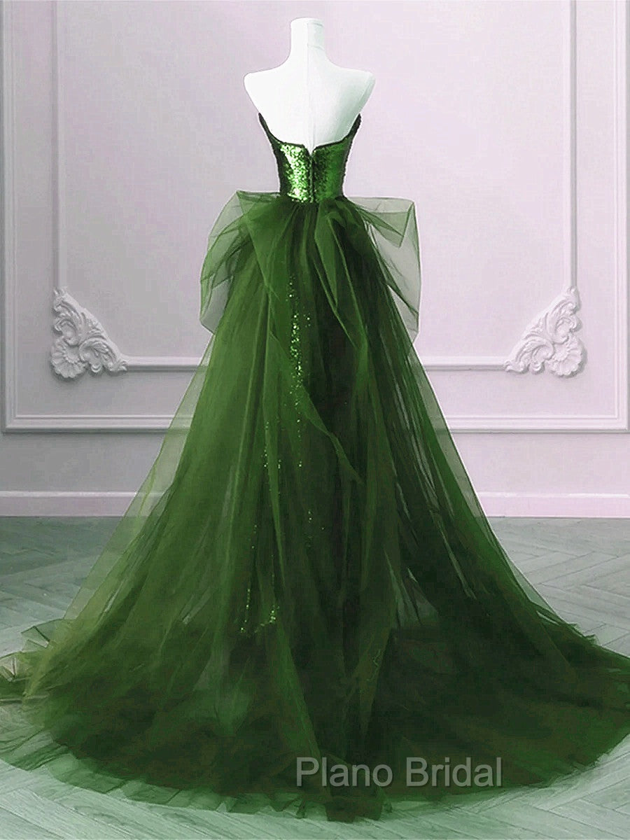 A-Line Green Sequins And Tulle Long Party Dresses, Green Evening Dresses Formal Dresses