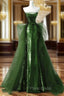 A-Line Green Sequins And Tulle Long Party Dresses, Green Evening Dresses Formal Dresses