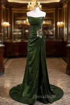 A-line Green Sequins Mermaid Long Party Dresses, Mermaid Sequins Green Formal Prom Dresses