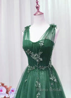 A-Line Green Sweetheart Beaded Tulle Formal Prom Dresses, Green Tulle Long Evening Dresses