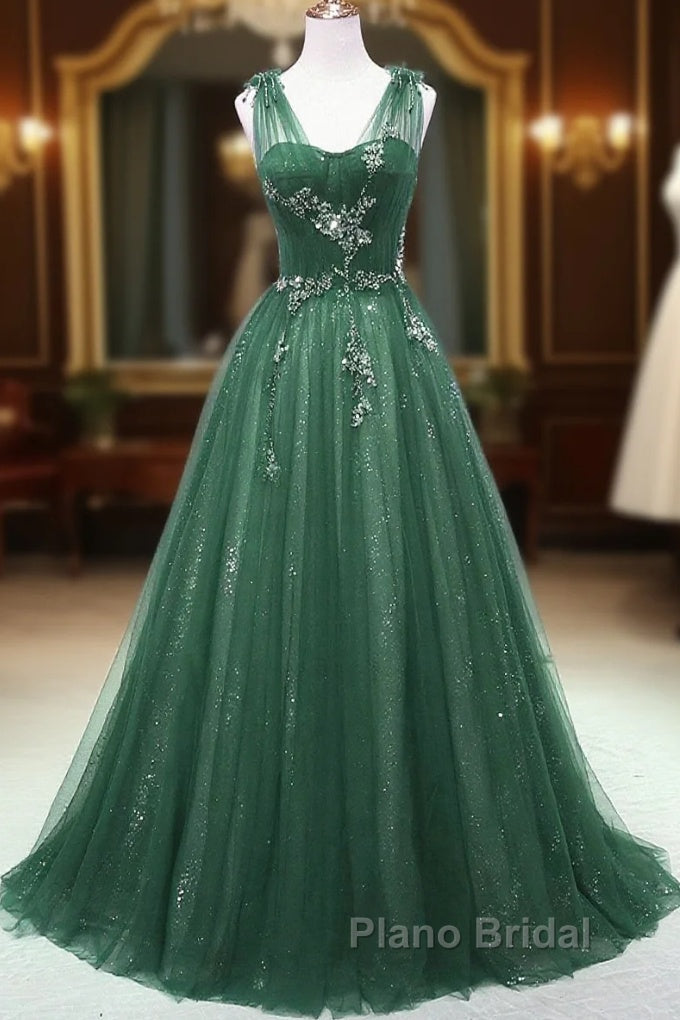 A-Line Green Sweetheart Beaded Tulle Formal Prom Dresses, Green Tulle Long Evening Dresses Main image