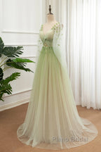 A-Line Green Tulle Gradient Long Party Dresses, Green Floor Length Formal Dresses