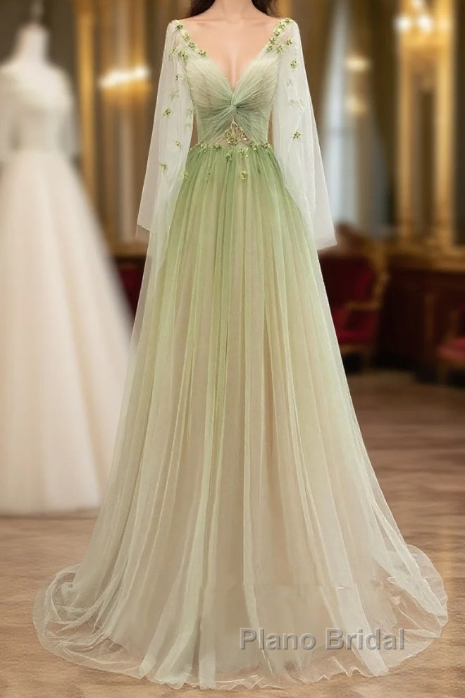 A-Line Green Tulle Gradient Long Party Dresses, Green Floor Length Formal Dresses Main image