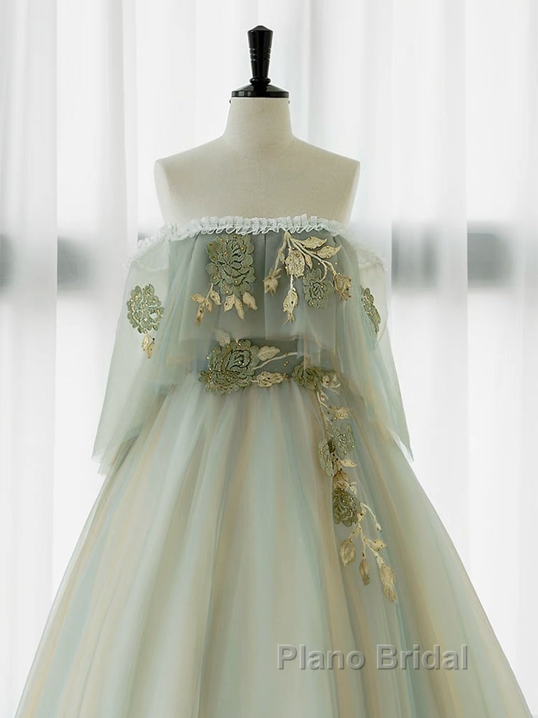 A-Line Green Tulle Lace Long Formal Prom Dresses, Green Tulle Lace Long Formal Dresses Secondary image