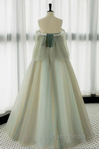 A-Line Green Tulle Lace Long Formal Prom Dresses, Green Tulle Lace Long Formal Dresses