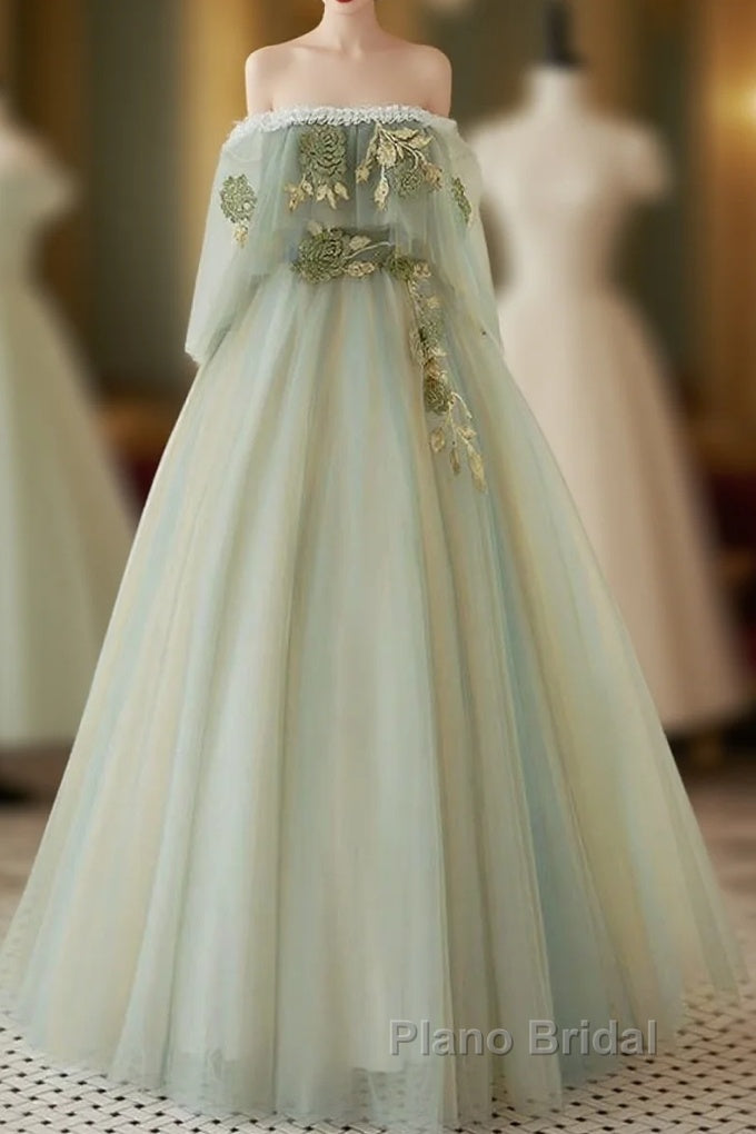 A-Line Green Tulle Lace Long Formal Prom Dresses, Green Tulle Lace Long Formal Dresses Main image