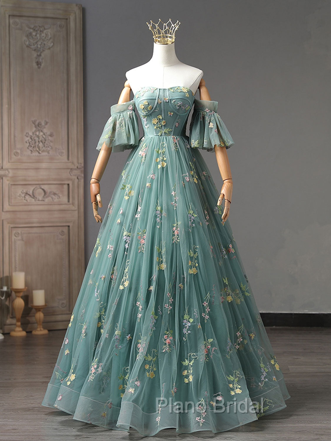 A-Line Green Tulle Lace Long Formal Prom Dresses, Green Formal Evening Dresses Secondary image