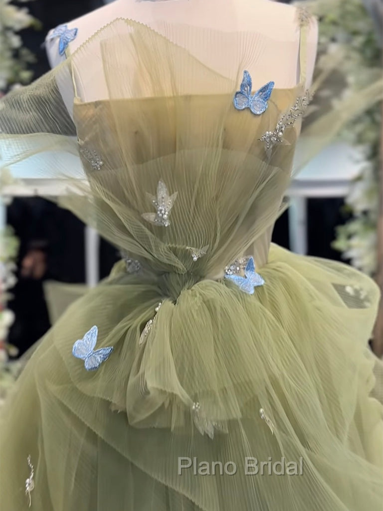 A-Line Green Tulle Long Formal Prom Dresses, Green Long Graduation Dresses