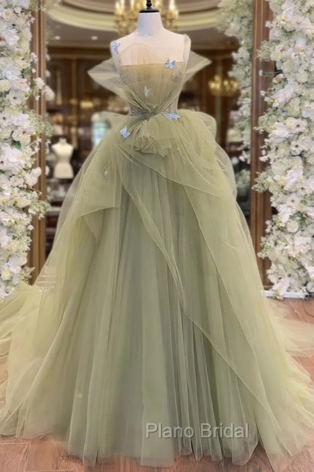 A-Line Green Tulle Long Formal Prom Dresses, Green Long Graduation Dresses Main image